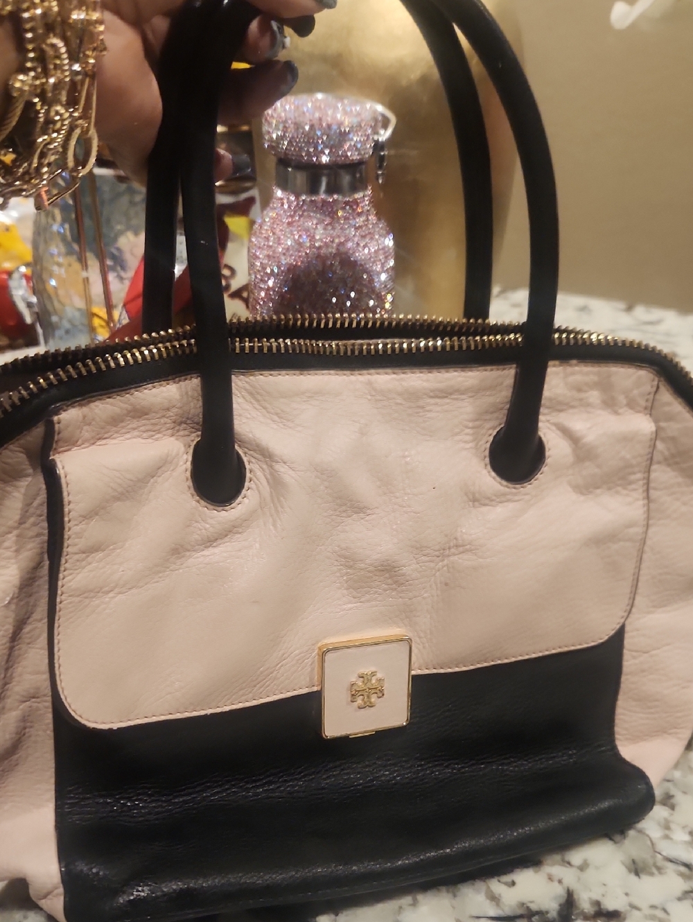 Tory BurchVintage Designer Bag. Women's Two-Tone Black and Cream Leather Satchel